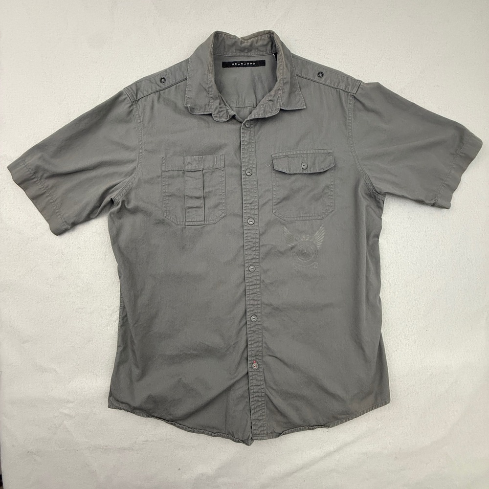 Sean John Button Down Mens XL Gray Casual Short Sleeve Utility Pocket Crest